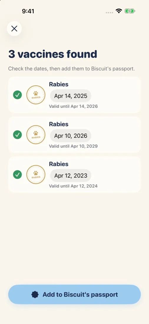 PetStamp found 3 rabies vaccines on a scanned passport page